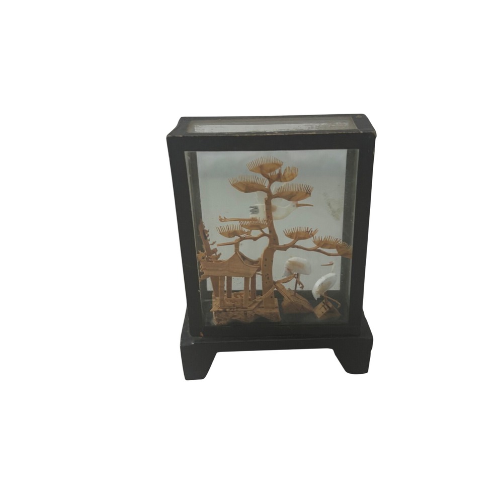Vintage Chinese Cork Carving Diorama Glass Case Crane Pagoda Asian Art 3in